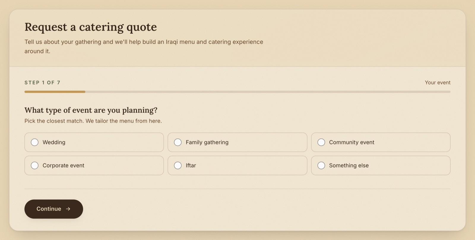 Step one of the catering enquiry form, asking what type of event is being planned.